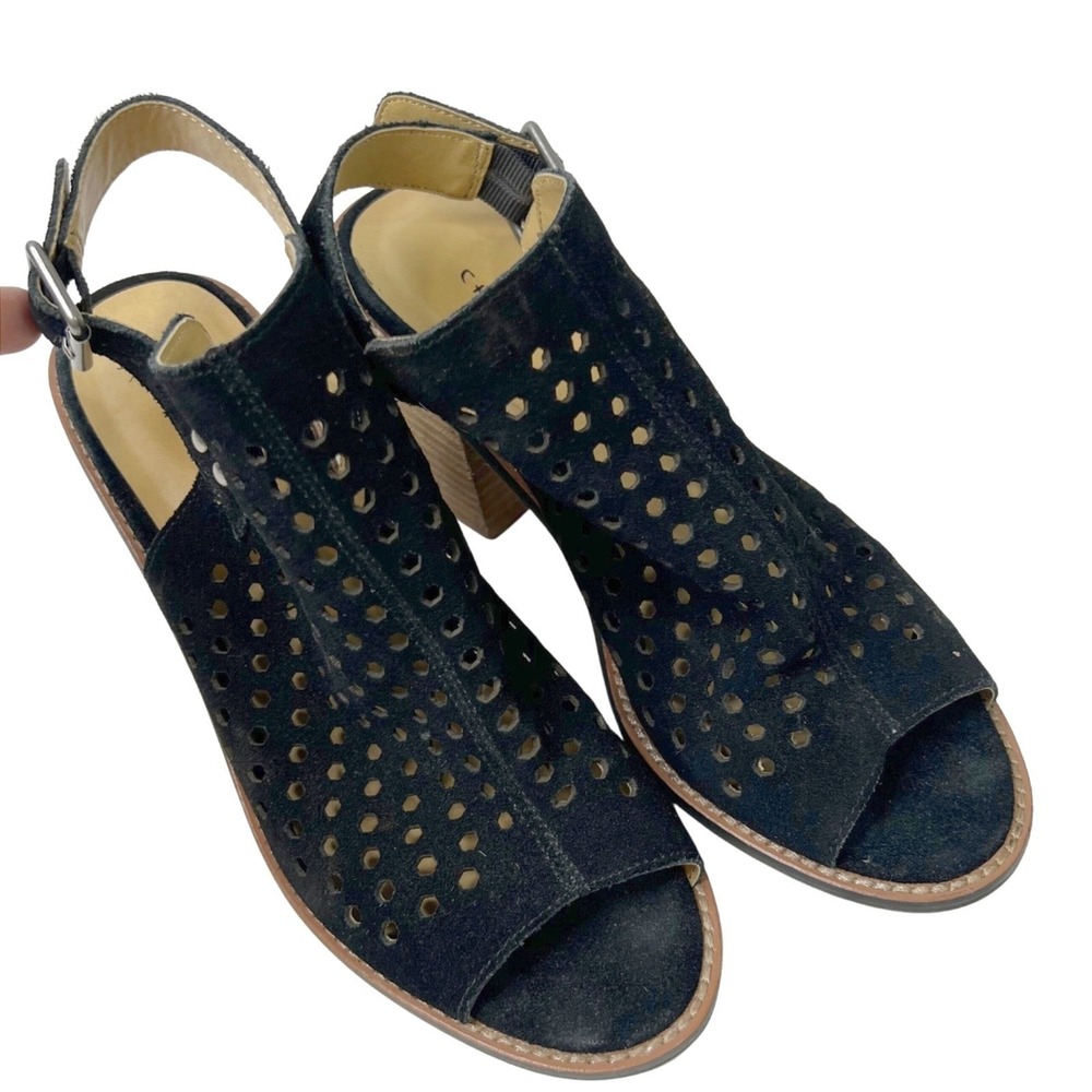Chinese Laundry Peep Toe Perforated Black Suede Block Heel Pump Size 7.5